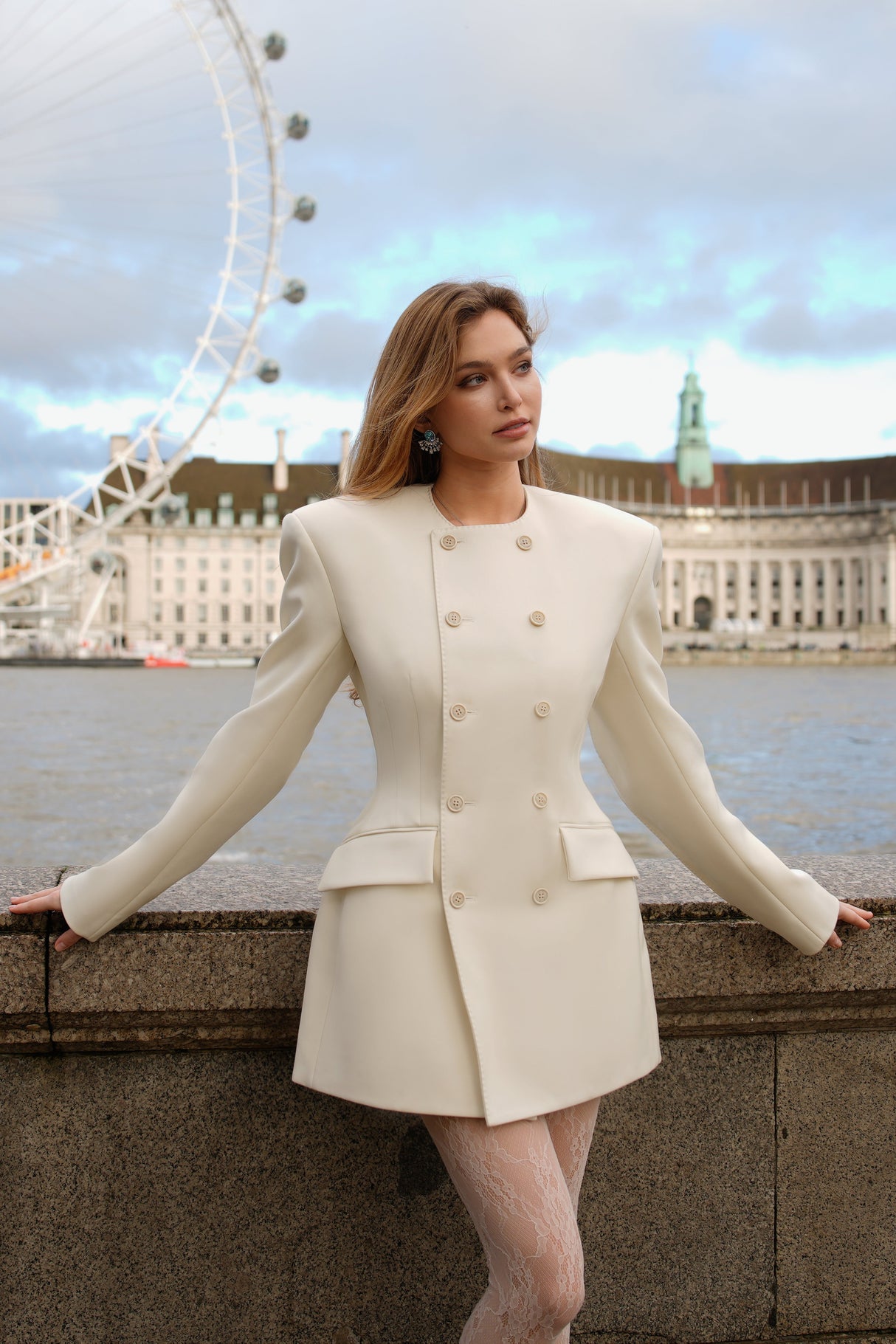 Aurohaya Saffron White Double-Breasted Blazer Dress