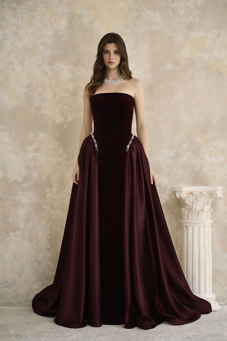 Aurohaya Plénitude Strapless Maxi Dress Wine
