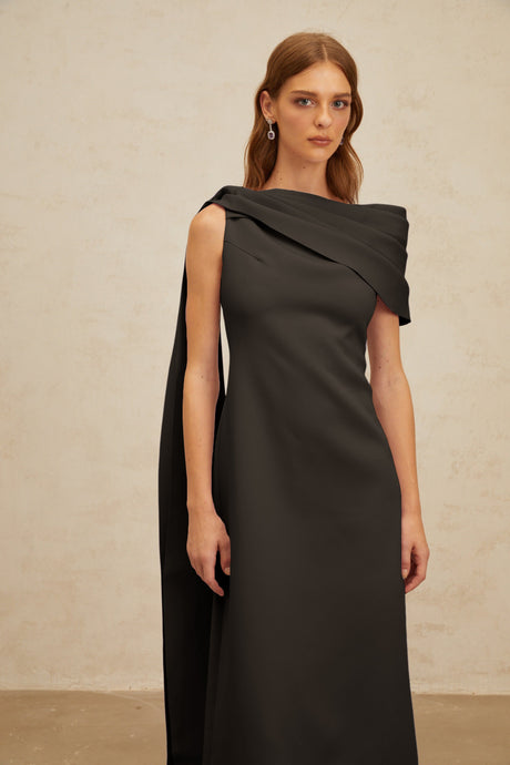 Aurohaya Annabelle Black Cape-Design Ribbon Maxi Dress