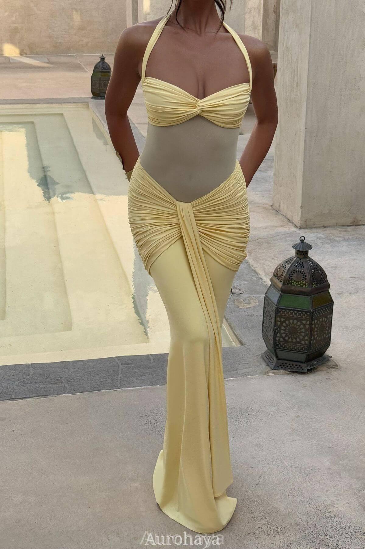 Aurohaya Sévara Halterneck Gathered Maxi Dress