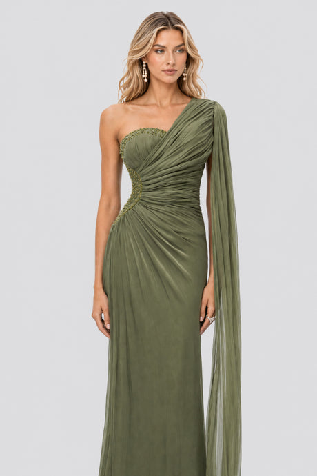 Tiphaine One Shoulder Ruched Maxi Dress / Green