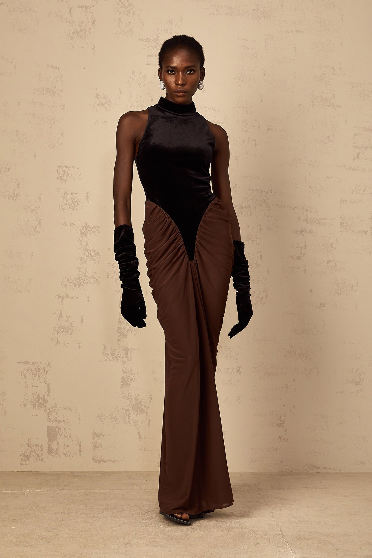 Aurohaya Mathilde brown velvet-panel ruched maxi dress