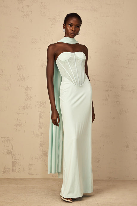 Aurohaya Béryl Tulle Panel Corset Maxi Dress in Mint Green