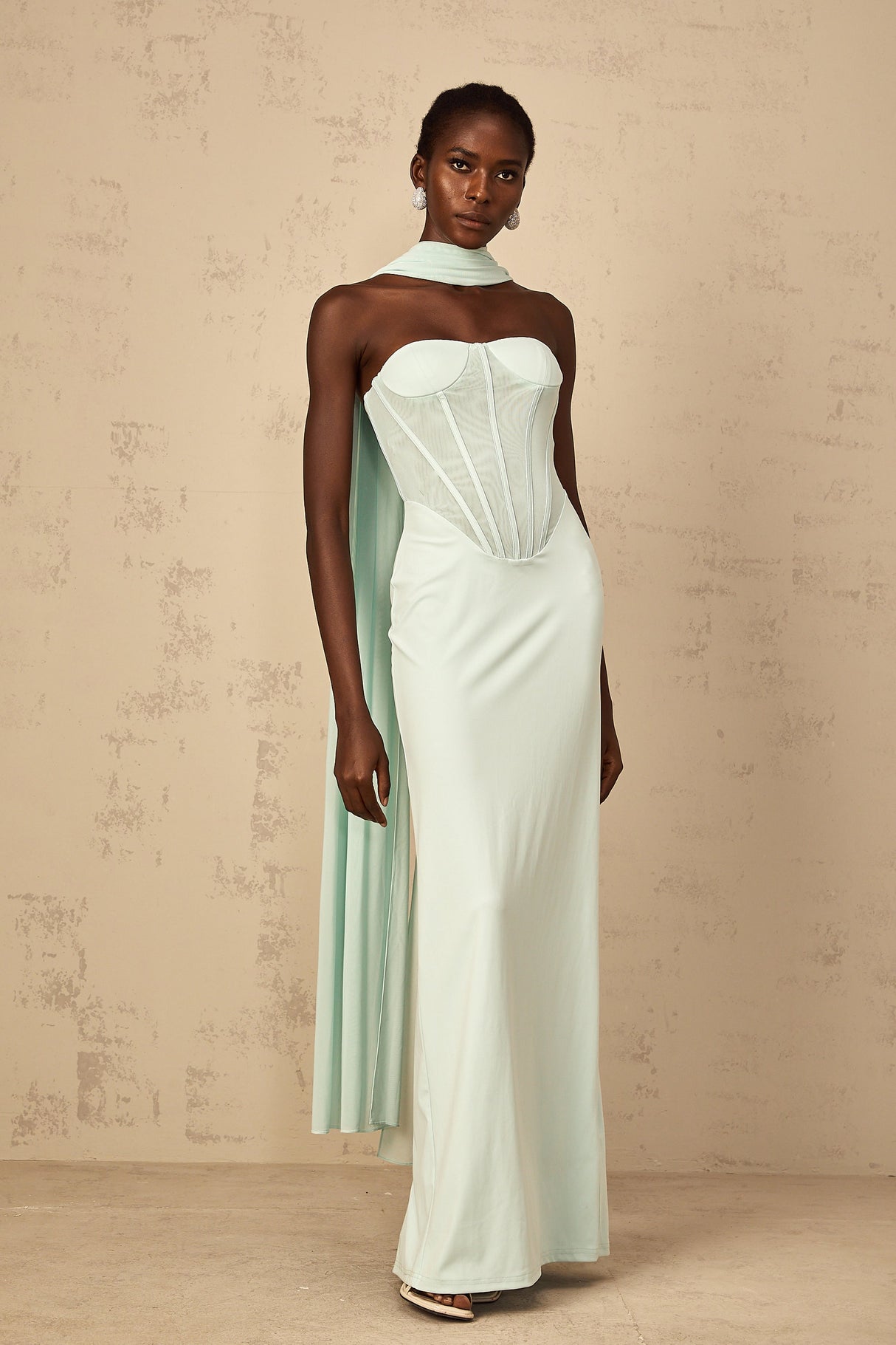 Aurohaya Béryl Tulle Panel Corset Maxi Dress in Mint Green