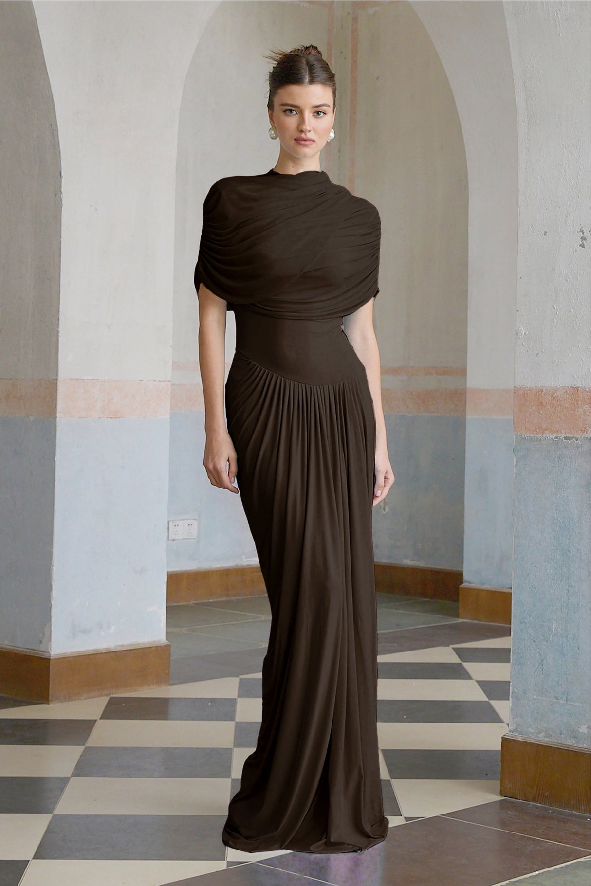 Aurohaya Catherine asymmetrical pleated maxi dress in Brown