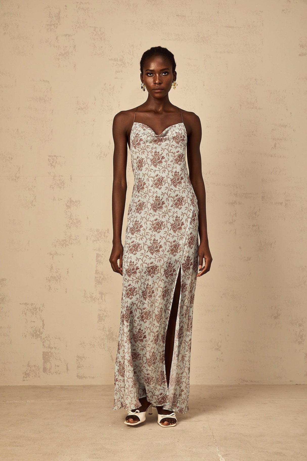 Aurohaya Honorine Blue Sleeveless Floral Print Maxi Dress