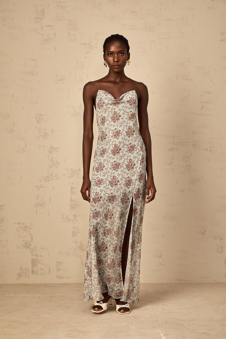 Aurohaya Honorine Blue Sleeveless Floral Print Maxi Dress