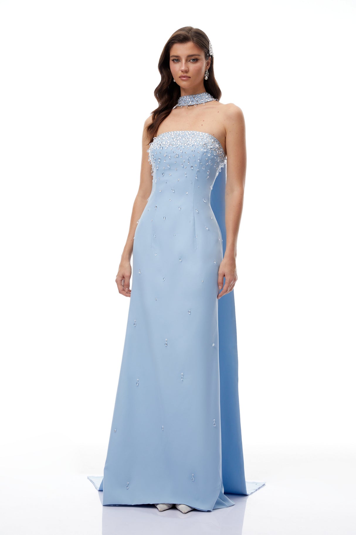Aurohaya Arianna Blue Scarf Detail Embellished Maxi Gown
