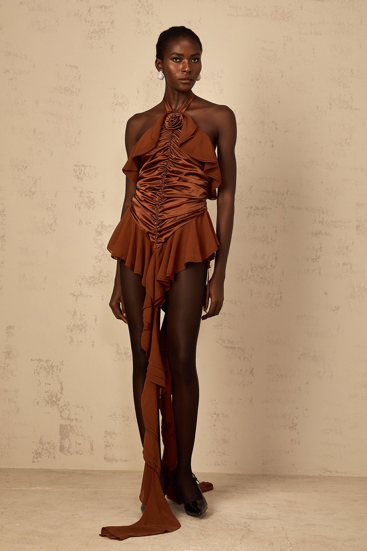 Aurohaya Léonie brown floral-appliqué ruched mini dress