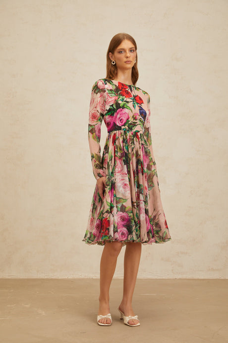 Aurohaya Coralie Pink Rose Print Summer Silk Midi Dress