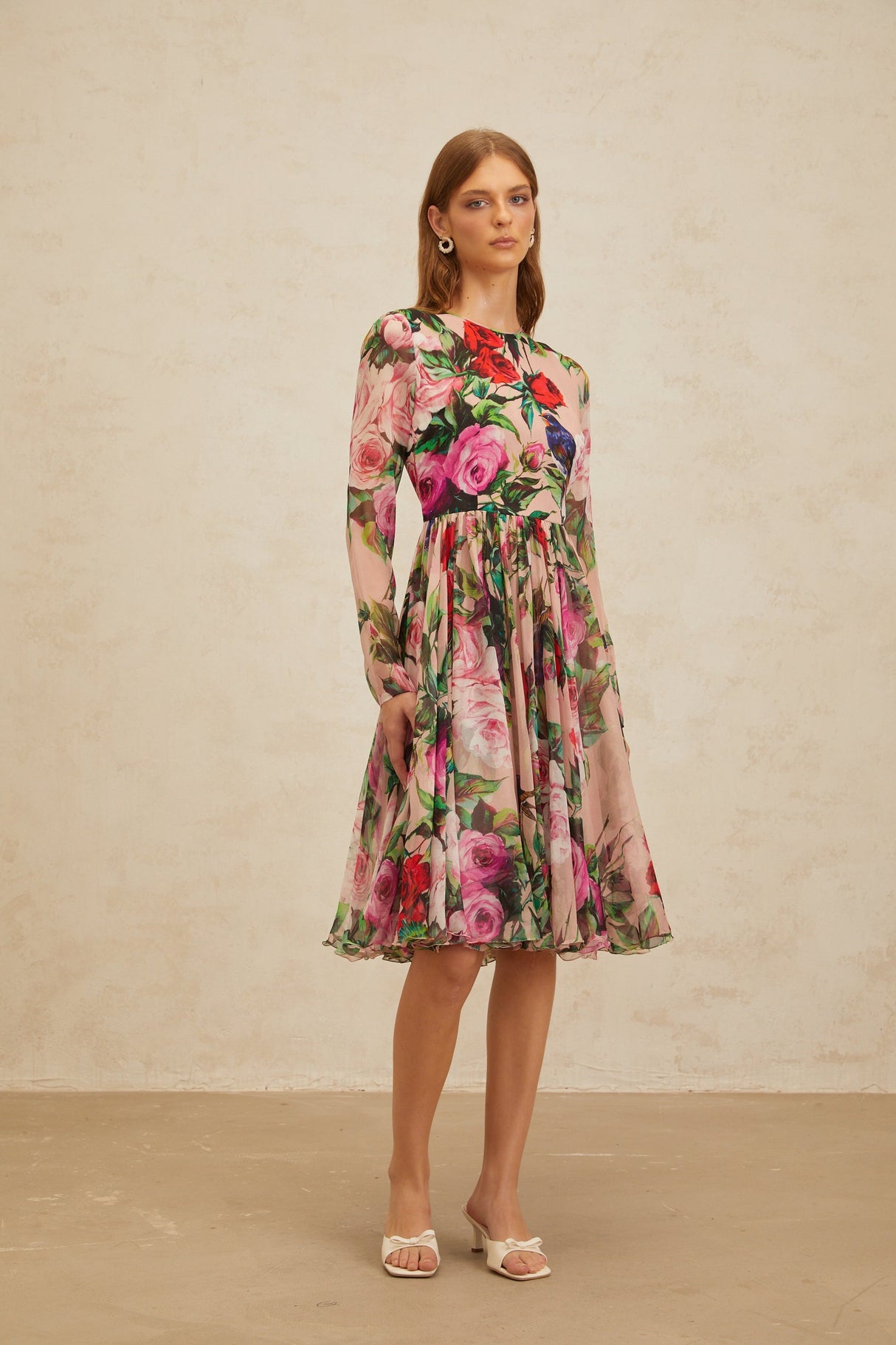 Aurohaya Coralie Pink Rose Print Summer Silk Midi Dress