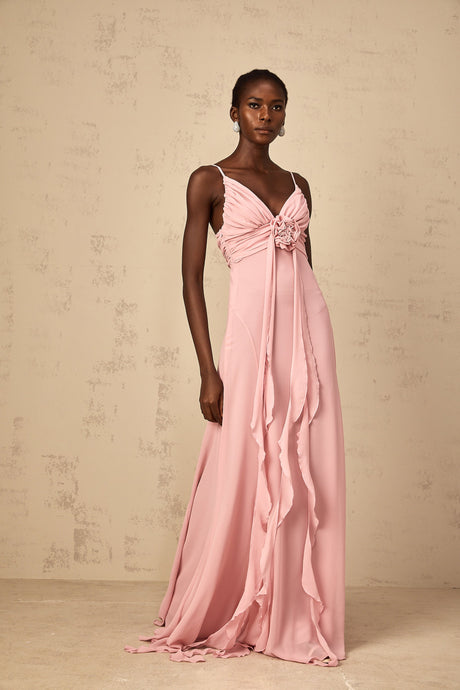 Aurohaya Ysandre Soft-Pink 3D Petal Tulle Maxi Dress