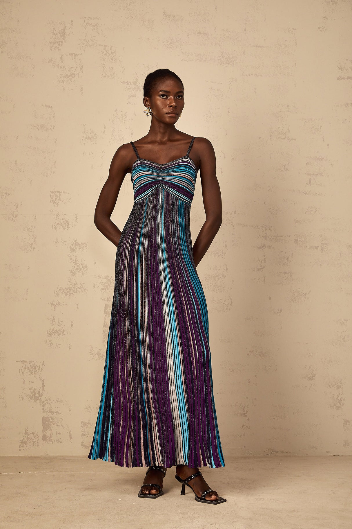Aurohaya Bruyère Purple Sequin Striped Knit Maxi Dress