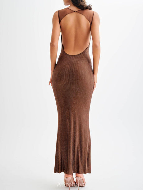 Aurohaya Vespertine Rhinestone Maxi Dress Backless Mesh Evening Gown