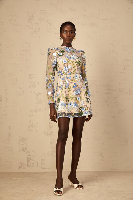 Aurohaya Jolien Blue Floral Appliqué Embroidered Tulle Mini Dress