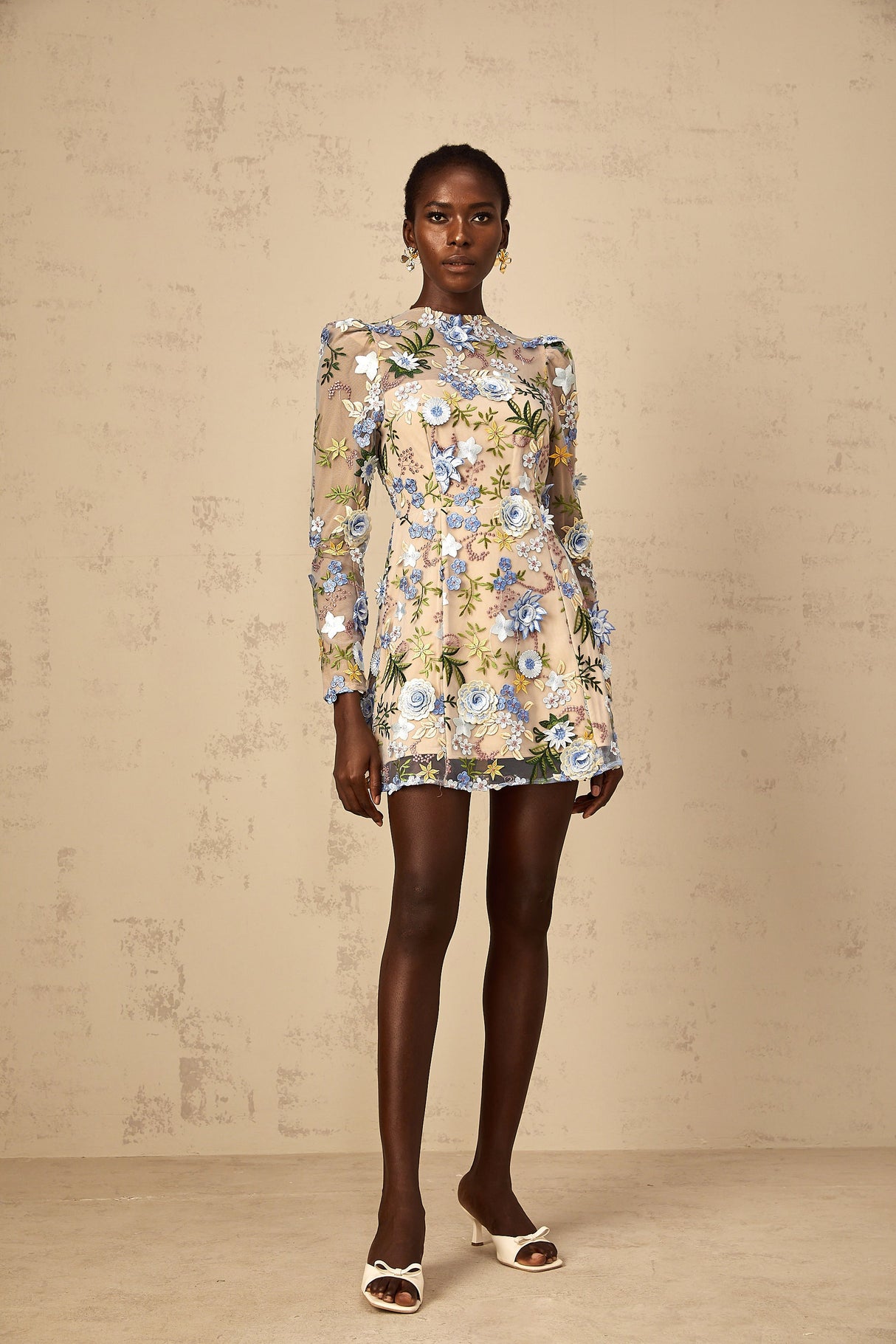 Aurohaya Jolien Blue Floral Appliqué Embroidered Tulle Mini Dress