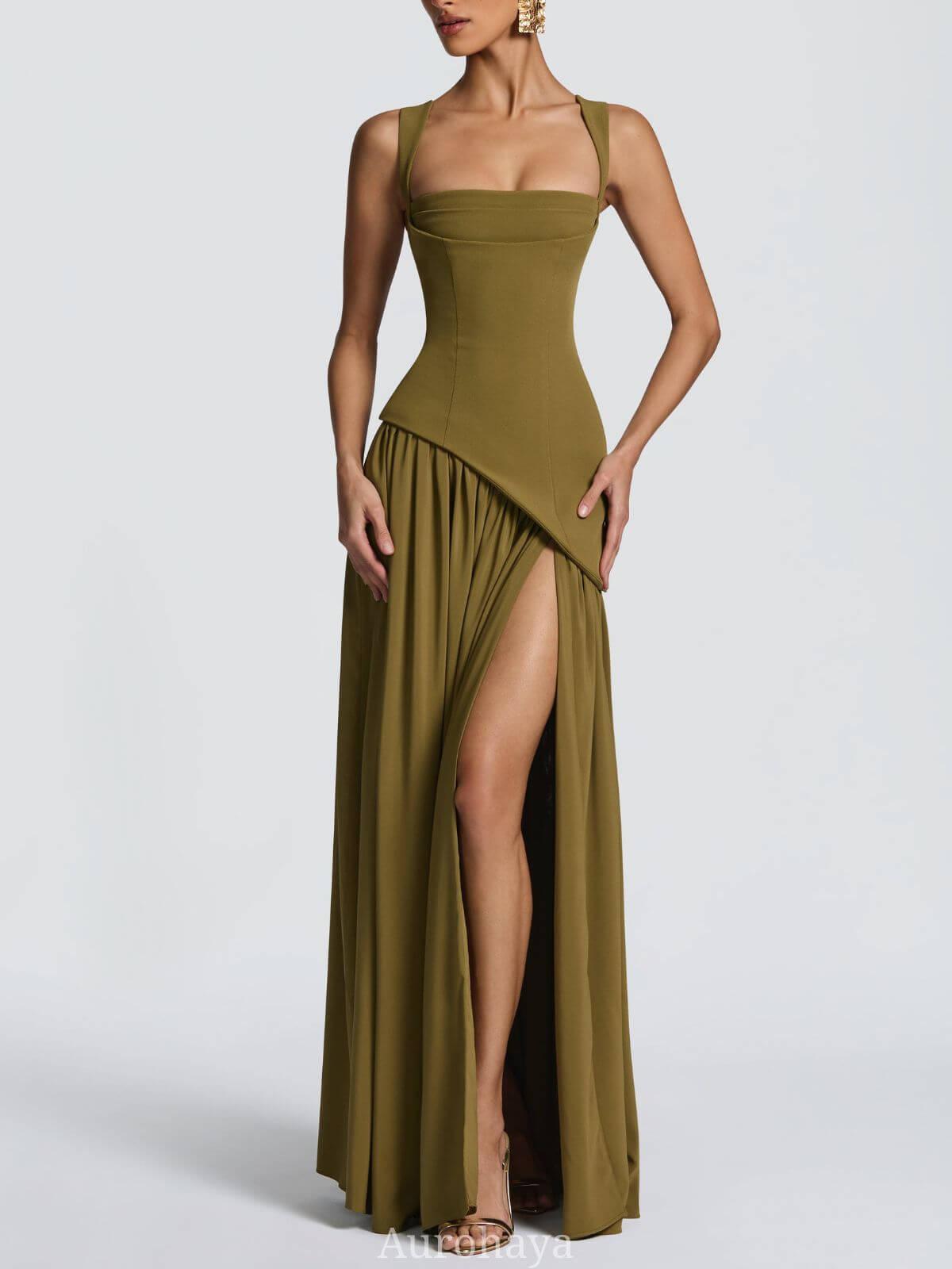 Aurohaya Solène Asymmetrical Maxi Gown Olive