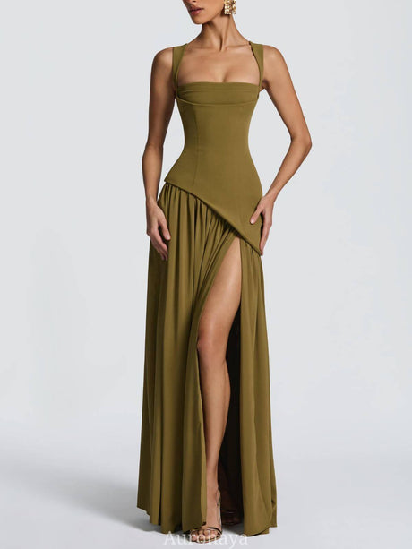 Aurohaya Solène Asymmetrical Maxi Gown Olive