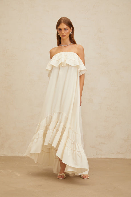 Aurohaya Bénédicte White Vibrant Off Shoulder Shirred Maxi Dress