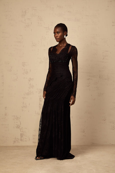 Aurohaya Ursula black floral-lace mermaid maxi dress