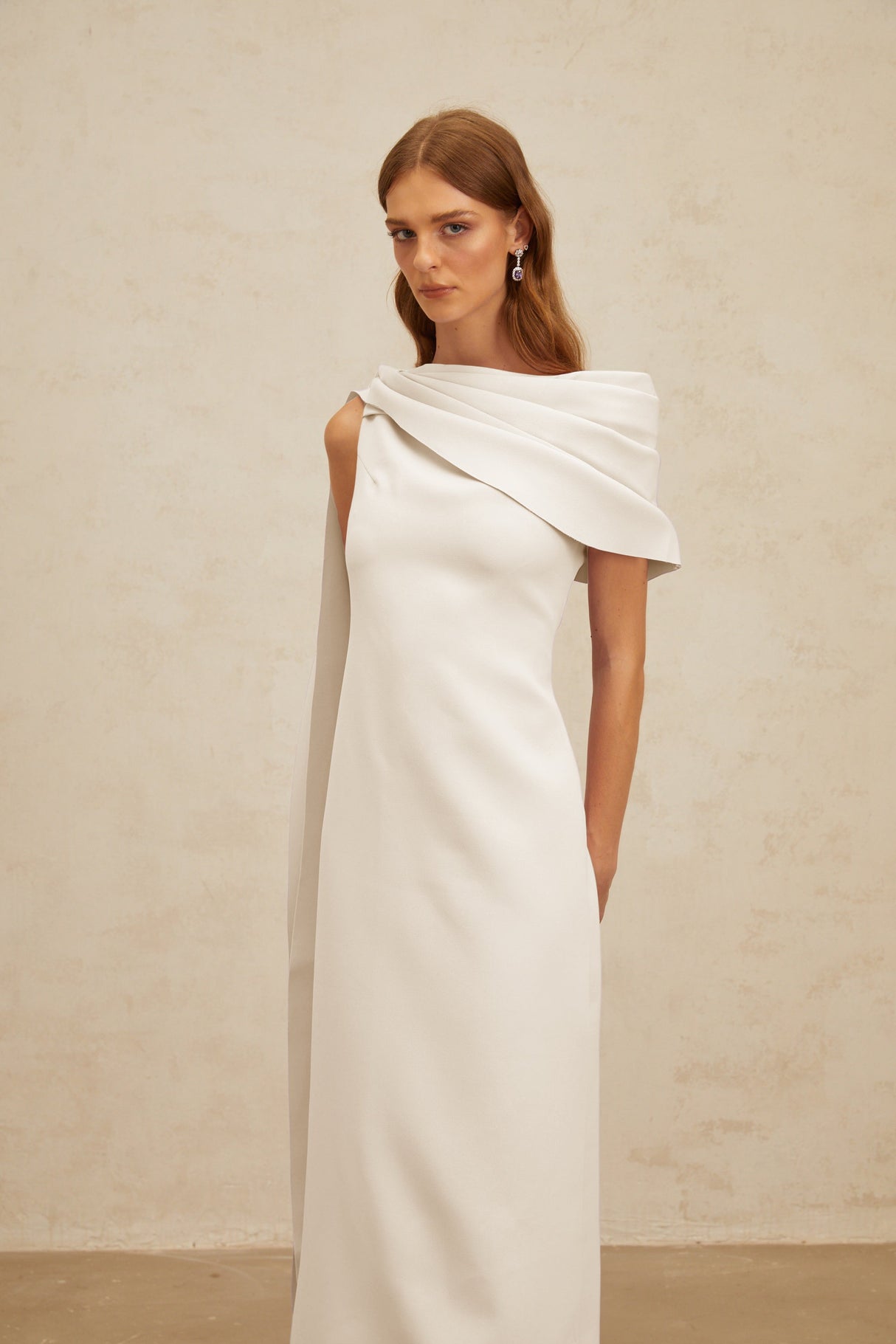 Aurohaya Annabelle White Cape-Design Ribbon Maxi Dress