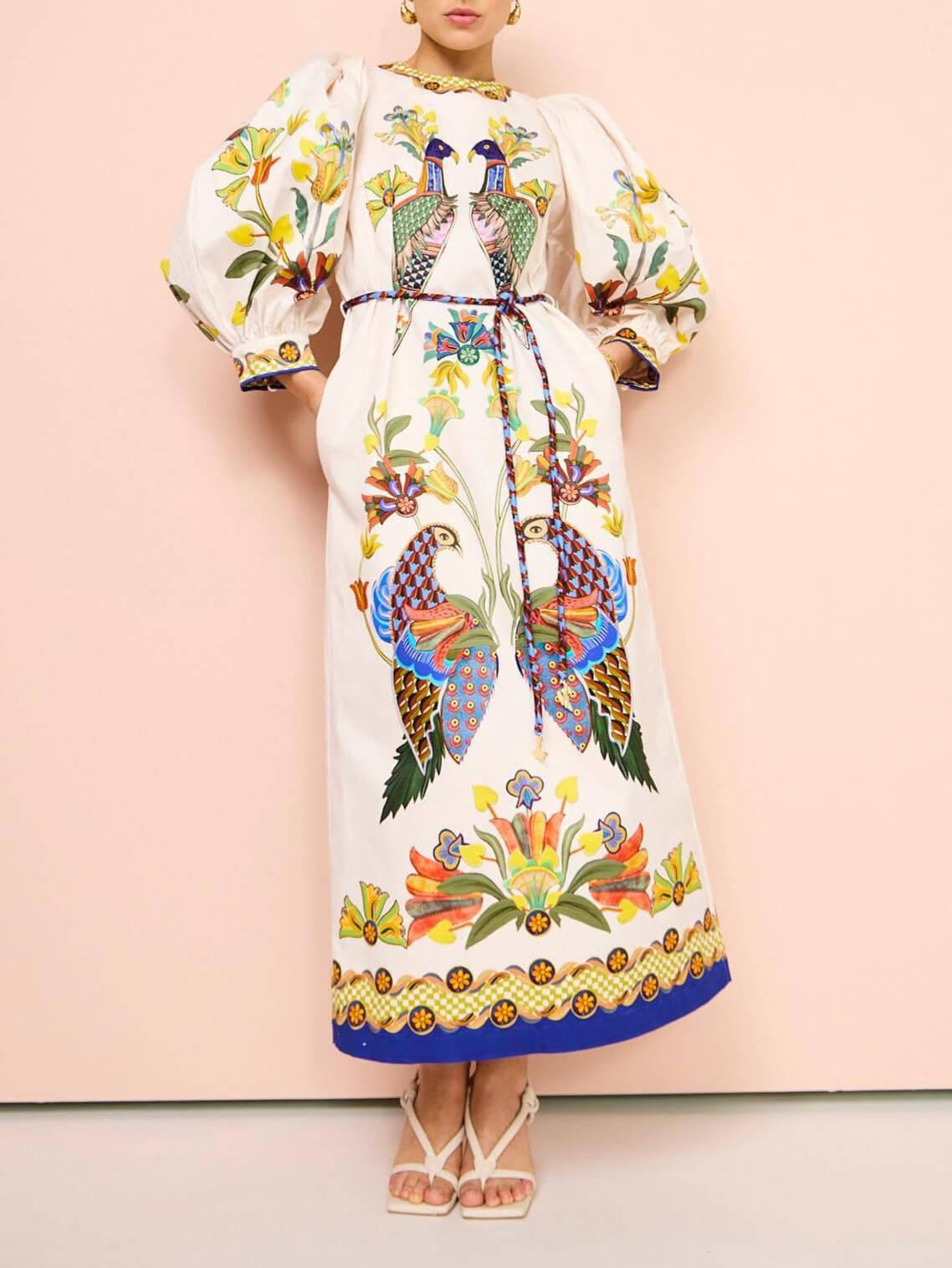 Aurohaya Exquisite And Fun Printed Puff Sleeves Loose Casual Midi Dress white