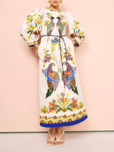 Aurohaya Exquisite And Fun Printed Puff Sleeves Loose Casual Midi Dress white
