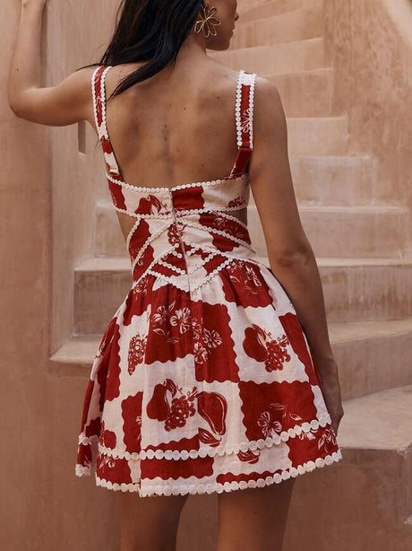 Aurohaya Floral Decorative Unique Print V-Neck Hollow A-Line Mini Dress