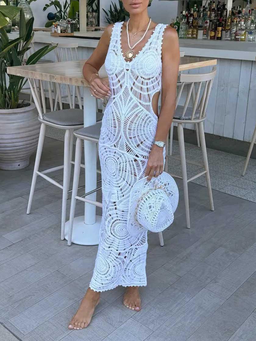 Aurohaya Beach Hollow V-neck Slim Sexy Midi Dress