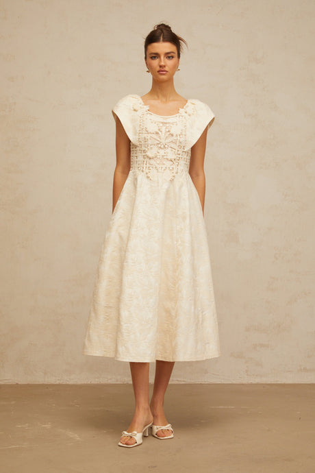 Aurohaya Xenia neutrals floral-embroidered embellished midi dress