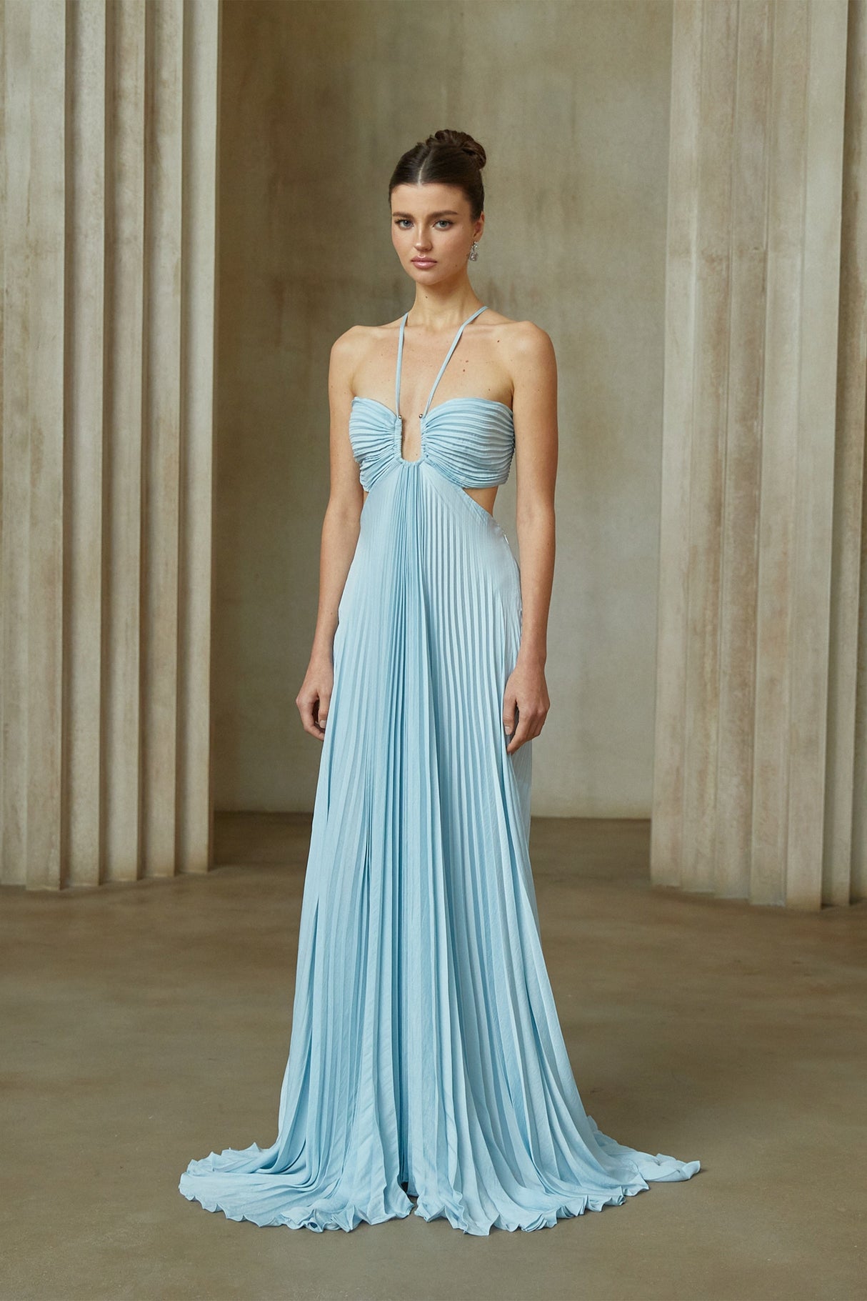 Aurohaya Andréa Blue Pleated Maxi Dress with Cutout Detail