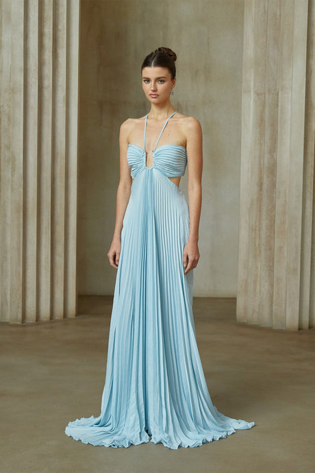 Aurohaya Andréa Blue Pleated Maxi Dress with Cutout Detail