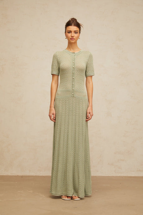 Aurohaya Siena Shirred Crochet-Knit Maxi Dress
