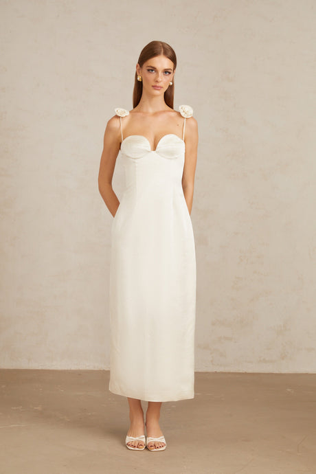 Aurohaya Ida White Floral Satin Midi Dress
