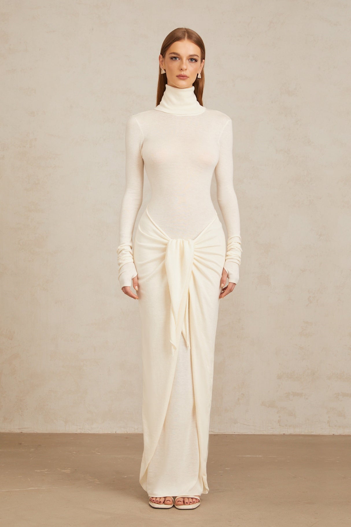 Aurohaya Impériale White Ruched Turtleneck Maxi Dress