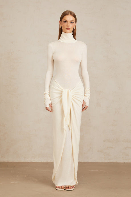 Aurohaya Impériale White Ruched Turtleneck Maxi Dress