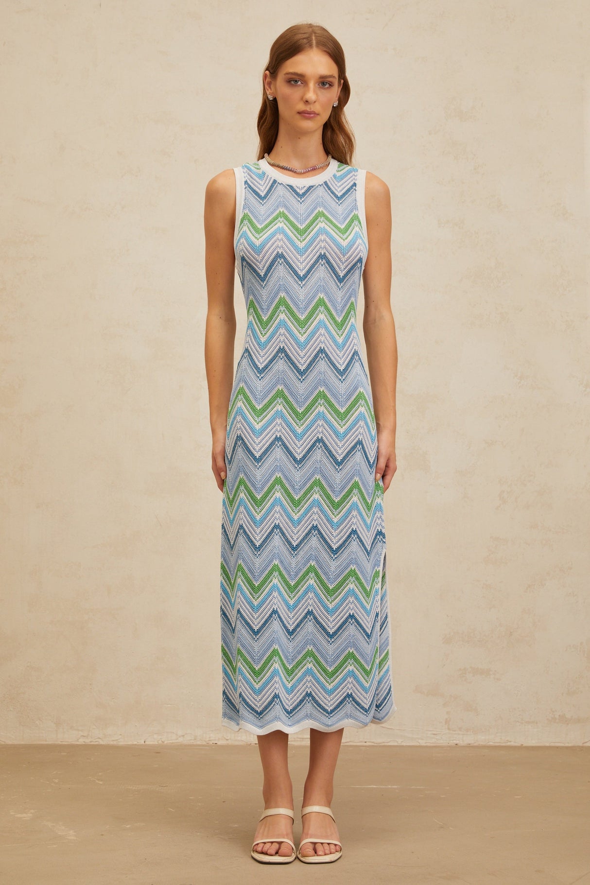 Aurohaya Solène Blue Chevron Knit Midi Dress