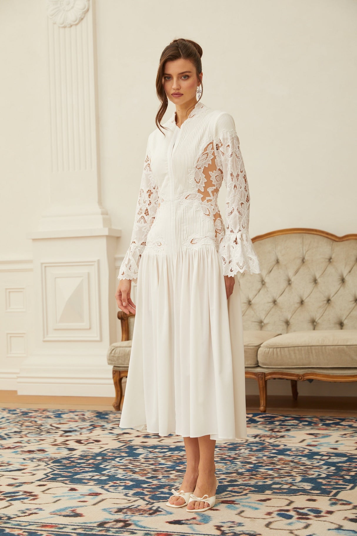 Aurohaya Chiara White Lace Panel Pleated Midi Dress
