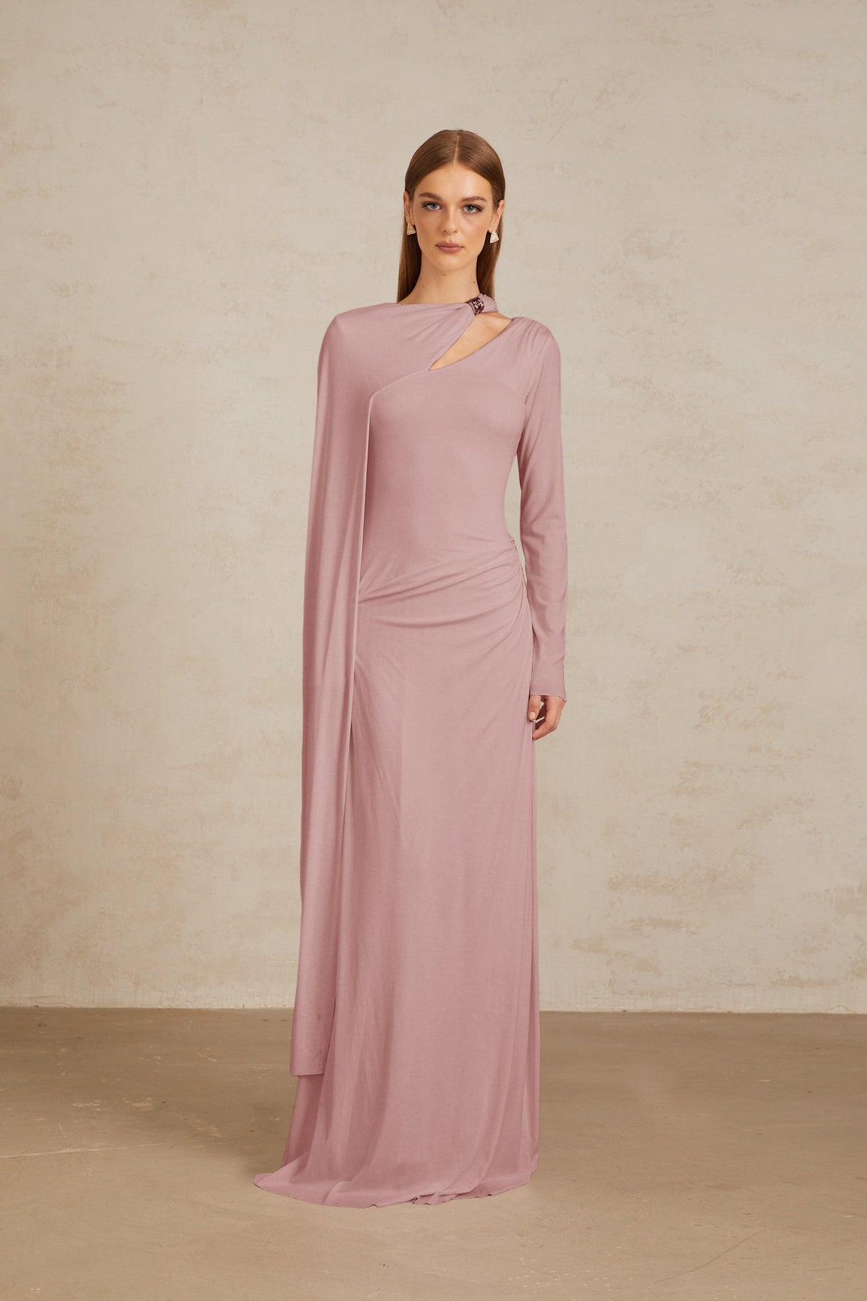 Aurohaya Josette Pink Diagonal Shawl Fitted Maxi Dress