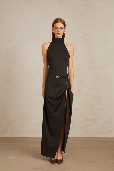 Aurohaya Uranie Black Gathered Halterneck Maxi Dress