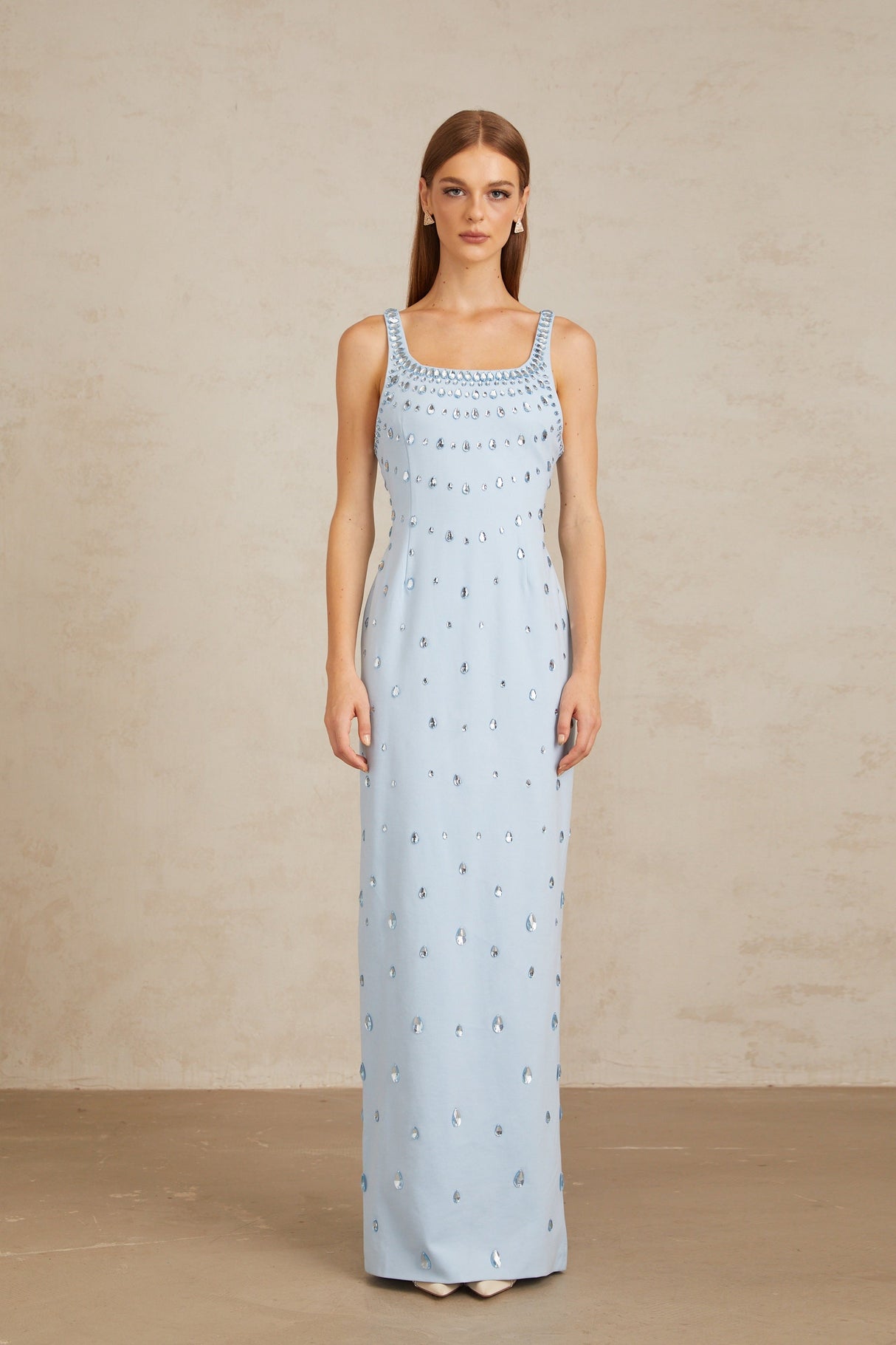 Aurohaya Meris Blue Crystal Embellished Maxi Gown