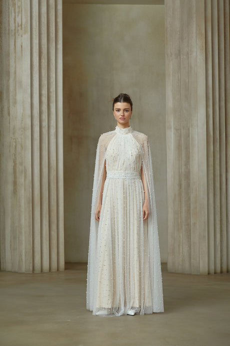Aurohaya Louane white cape-design embellished tulle maxi dress
