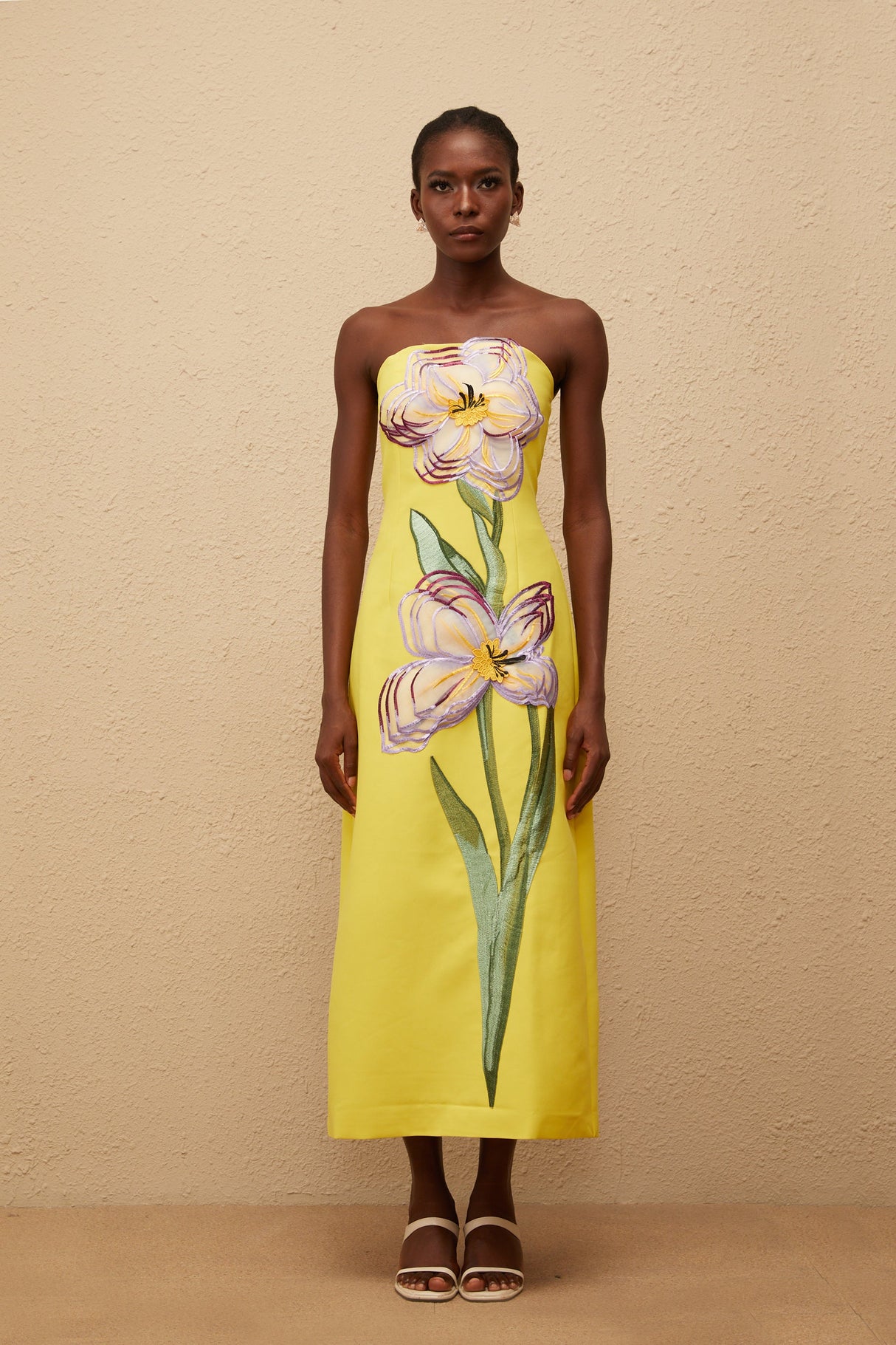 Aurohaya Irène Sequin Embroidered Off-Shoulder Midi Dress in Yellow