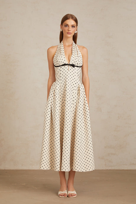 Aurohaya Estelle White Polka Dot Midi Dress