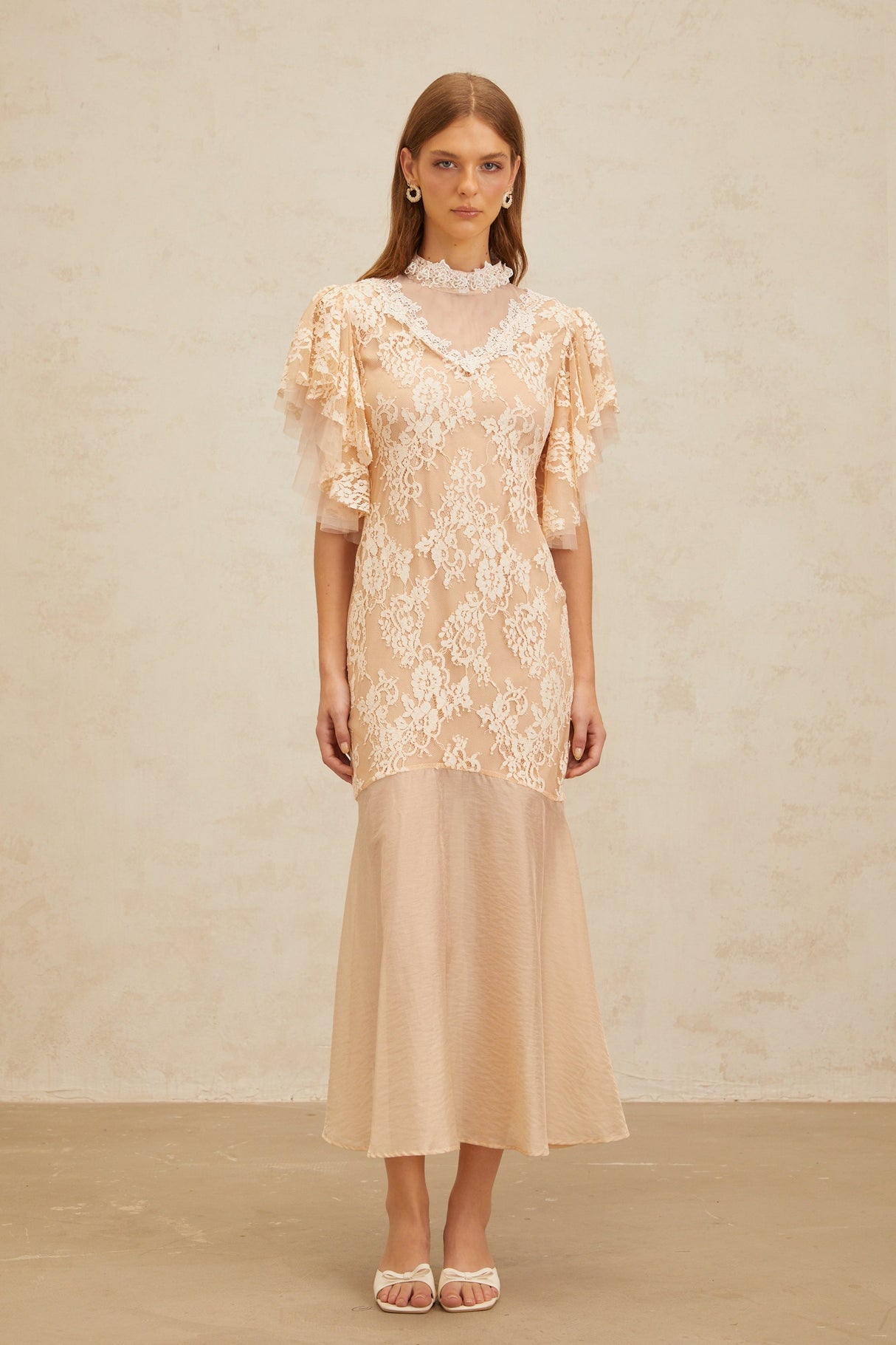 Aurohaya Annabelle Embellished Floral Lace Panelled Midi Dress in Neutrals