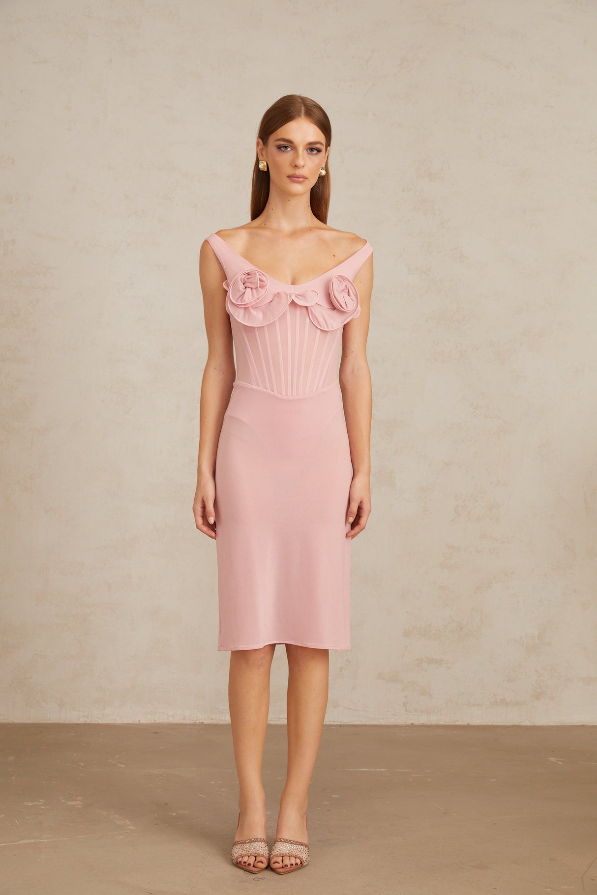 Aurohaya Aada Pink Fitted 3D Petal Midi Dress
