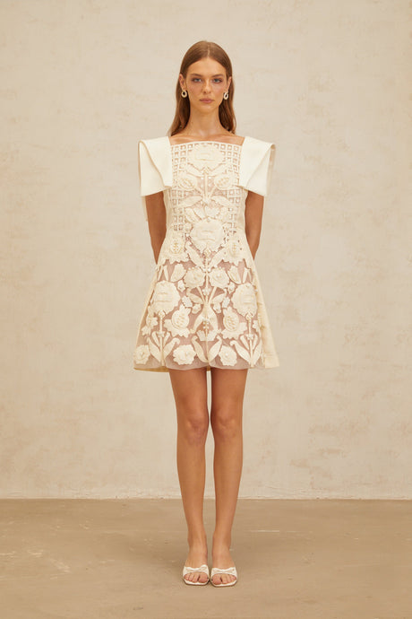 Aurohaya Léa White Floral Appliqué Crochet Mini Dress
