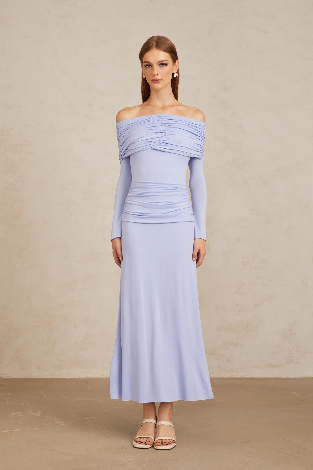 Aurohaya Katia Light Blue Off-Shoulder Ruched Maxi Dress