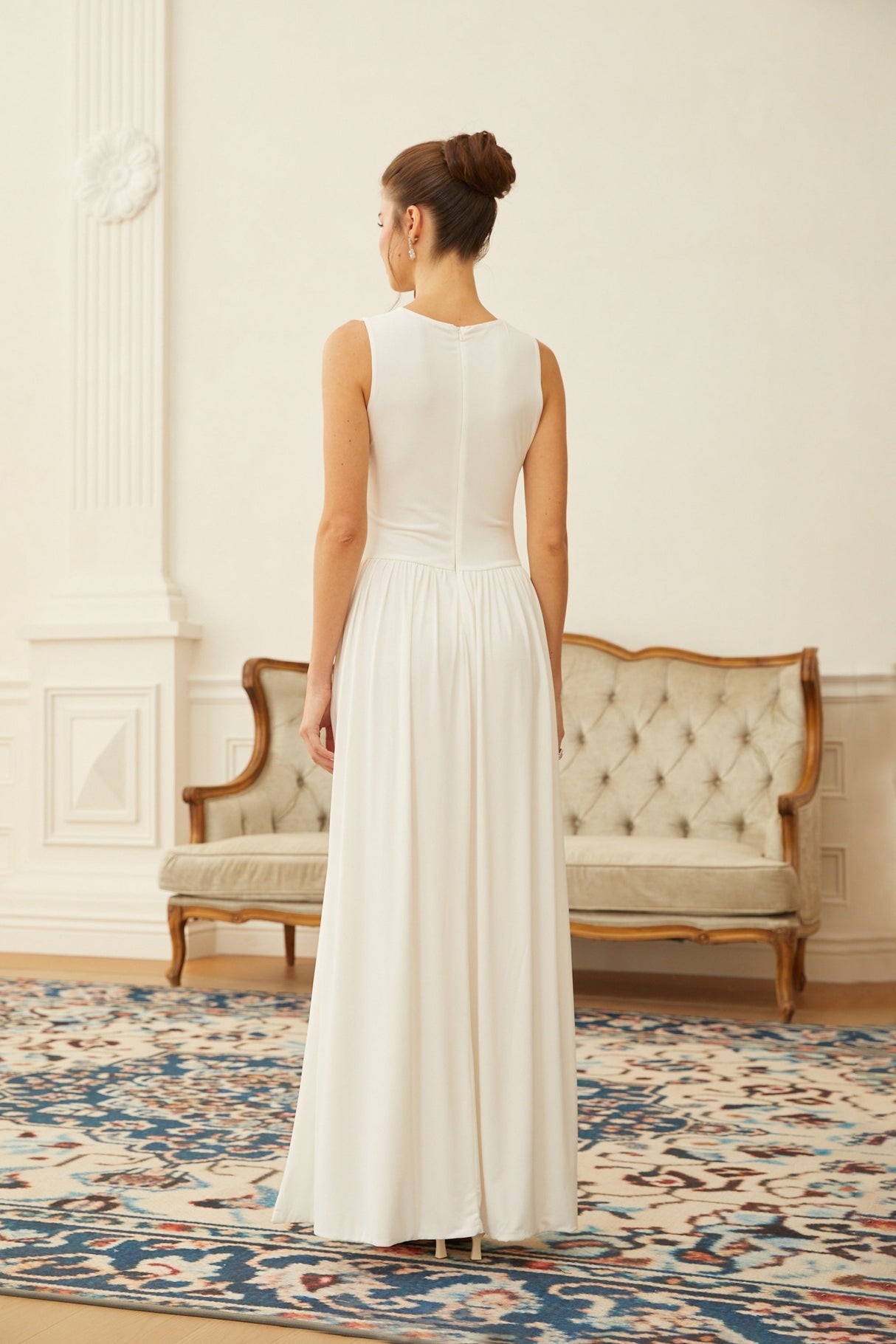 Aurohaya Willow White High Slit Gathered Maxi Dress