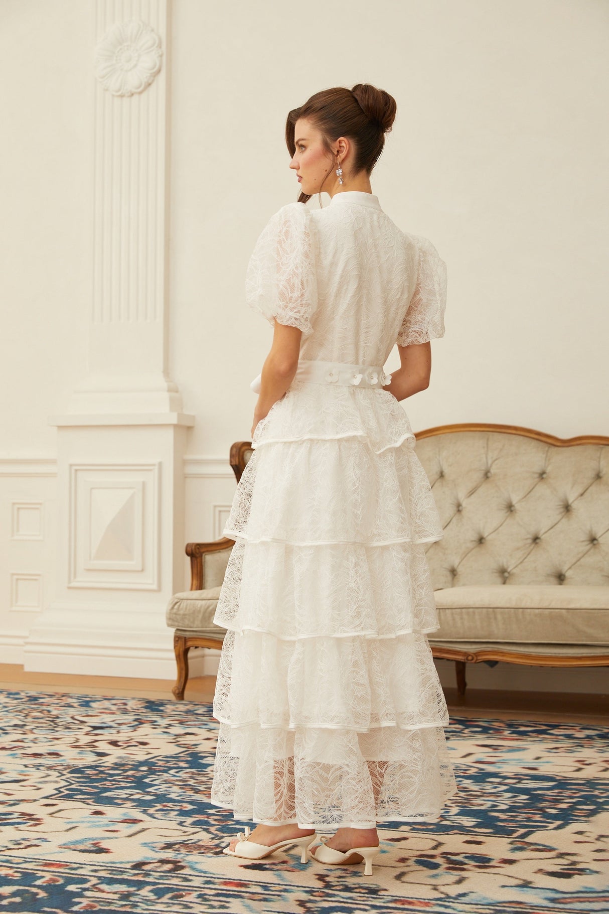 Aurohaya Verity White Floral Lace Tiered Maxi Dress